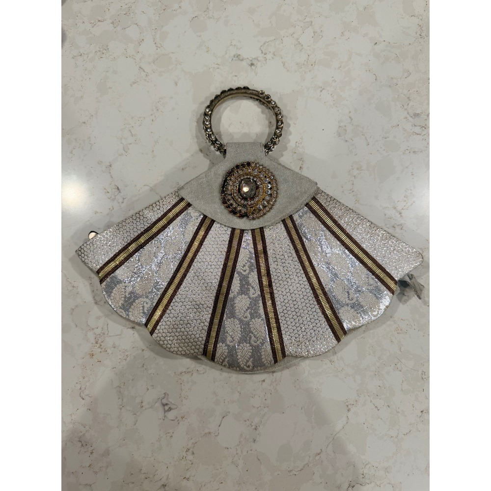 Vintage Style Fan Shaped Jeweled Ring‎ Handle Clutch Bag Silver Gold Brocade